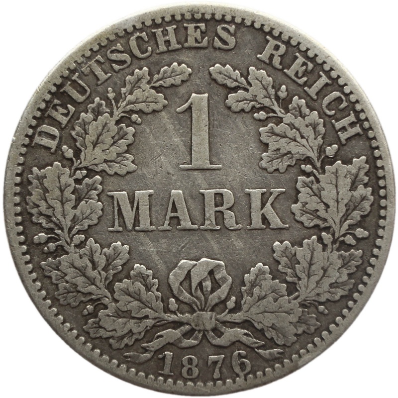 1876 Germany One Mark Wilhelm I Coin Silver (type 1 - large shield) Berlin Mint