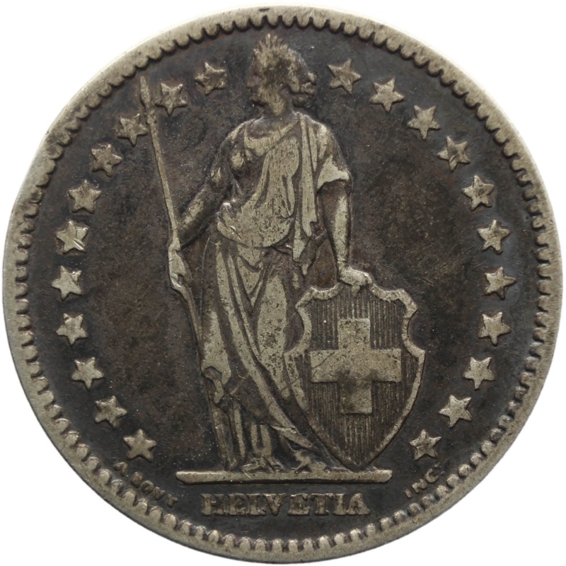 1878 Two Franc Switzerland Coin Helvetia standing