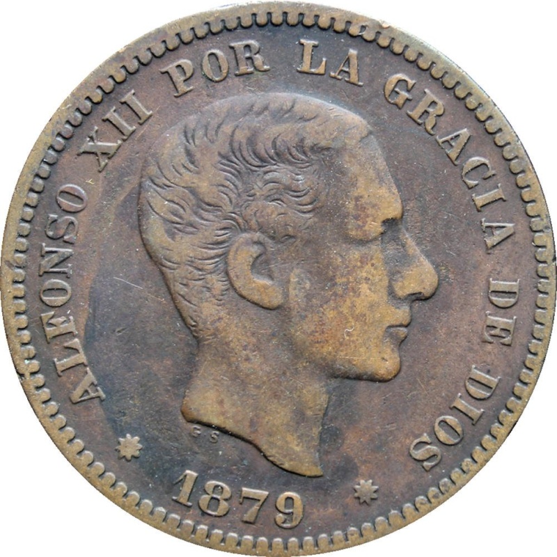 1879 5 Centimos Alfonso XII Spain Coin Mint 8 pointed star Barcelona