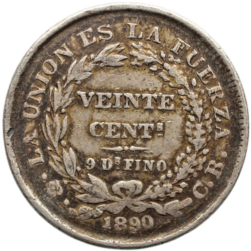 1890 PTS CB 20 Centavos Bolivia Silver Coin