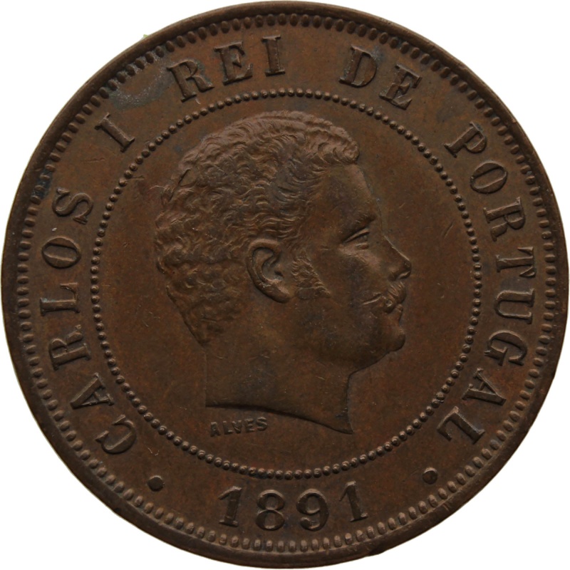 1891 20 Reis Portugal Coin Carlos I