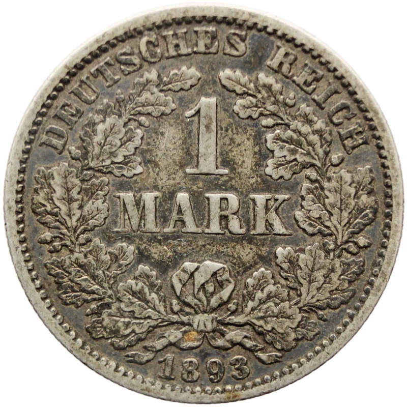 1893 F One Mark Germany Wilhelm II Coin Silver (type 2 - small shield) Stuttgart Mint