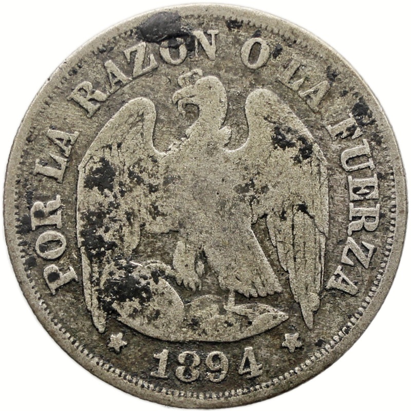 1894 1 Decimo Chile Coin Silver