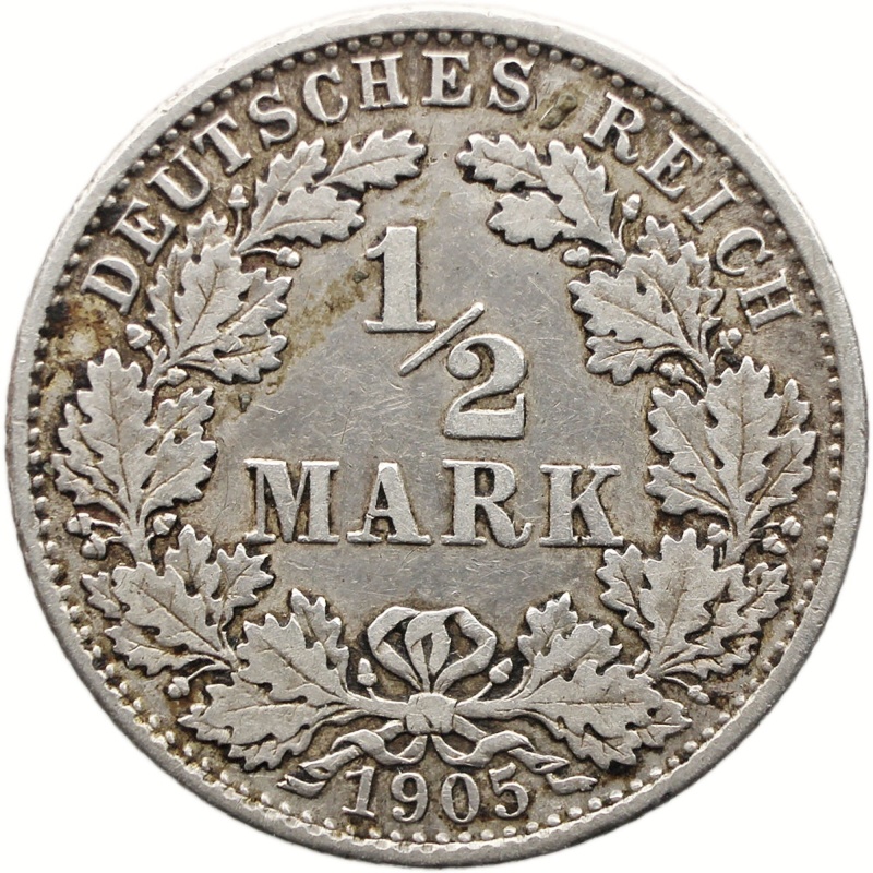 1905 G Half Mark Germany Coin Wilhelm II Silver Karlsruhe Mint