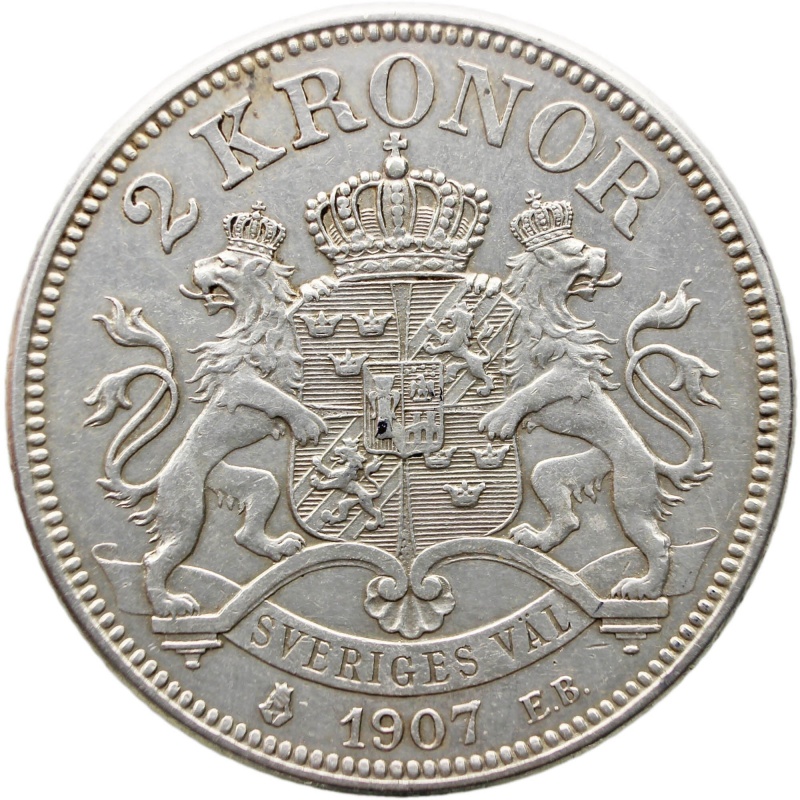 1907 2 Kronor Sweden Coin Oscar II Silver