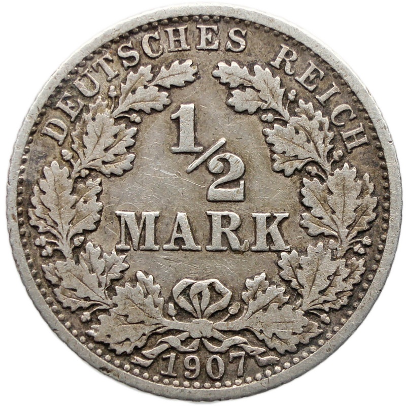 1907 G Half Mark Germany Coin Wilhelm II Silver Karlsruhe Mint