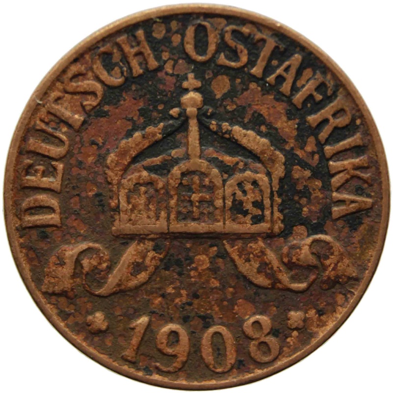 1908 J German East Africa Wilhelm II Bronze one Heller coin
