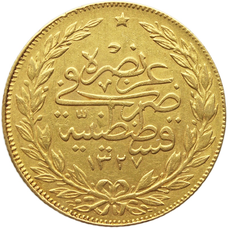 1909 100 Kurus Ottoman Empire Gold Coin Mehmed V AH1327 Reshat right of Toughra