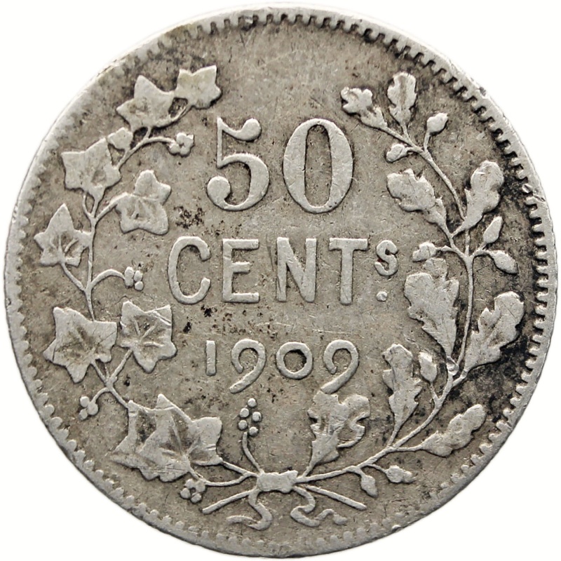 1909 50 Centimes Belgium Leopold II Coin Silver