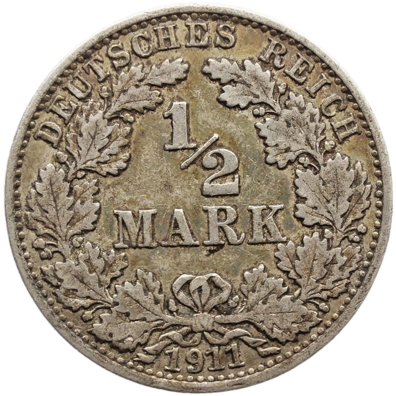 1911 A Germany Half Mark Wilhelm II Coin Silver Berlin Mint