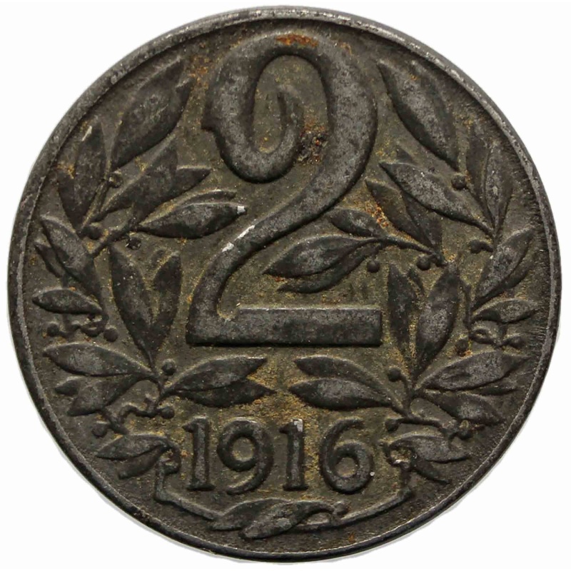1916 2 Heller Austria Coin Karl I