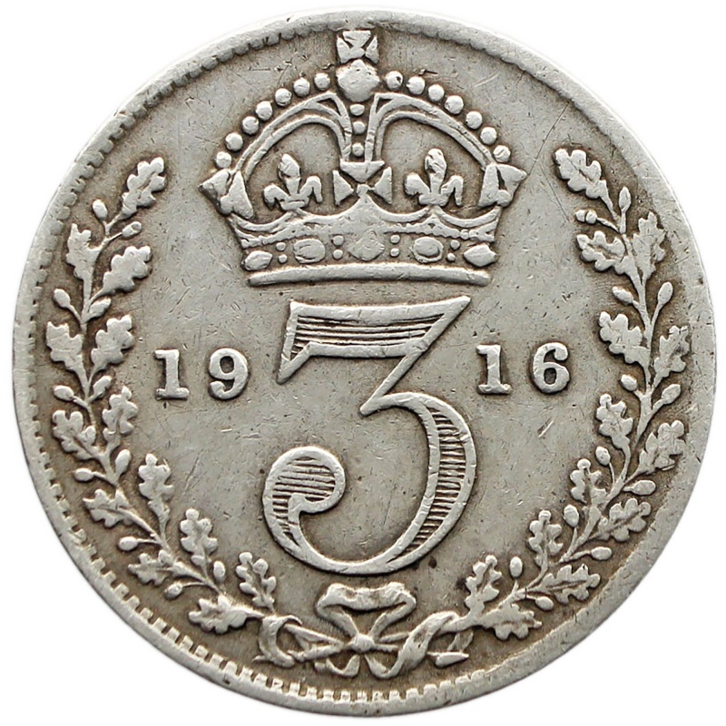1916 3 Pence George V Silver Coin United Kingdom