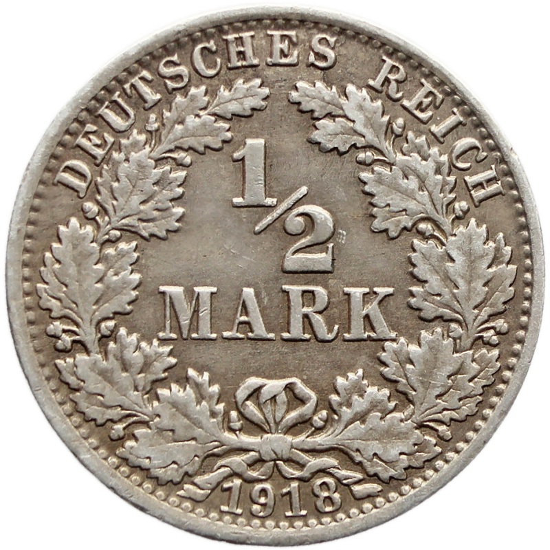 1918 A Germany Half Mark Wilhelm II Coin Silver Berlin Mint
