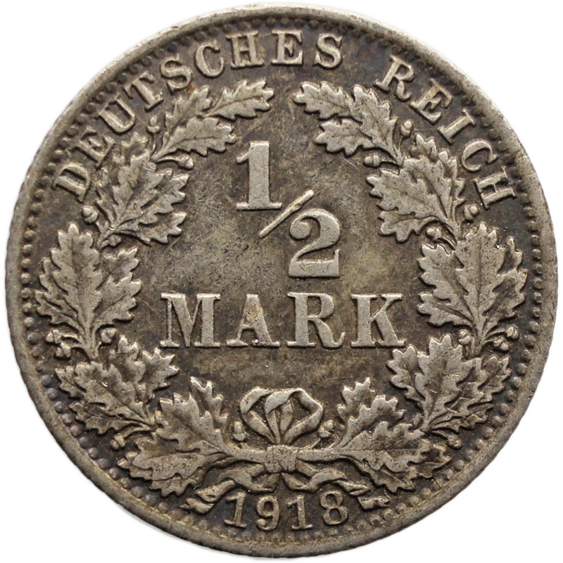 1918 A Germany Half Mark Wilhelm II Coin Silver Berlin Mint