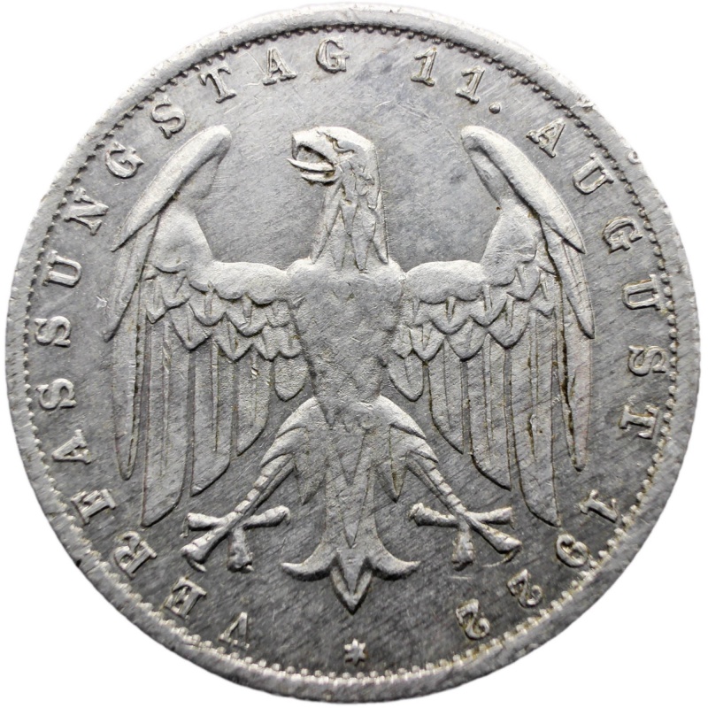 1922 E 3 Mark Germany Coin Weimar Republic 3 Years of Weimar Constitution Muldenhütten Mint