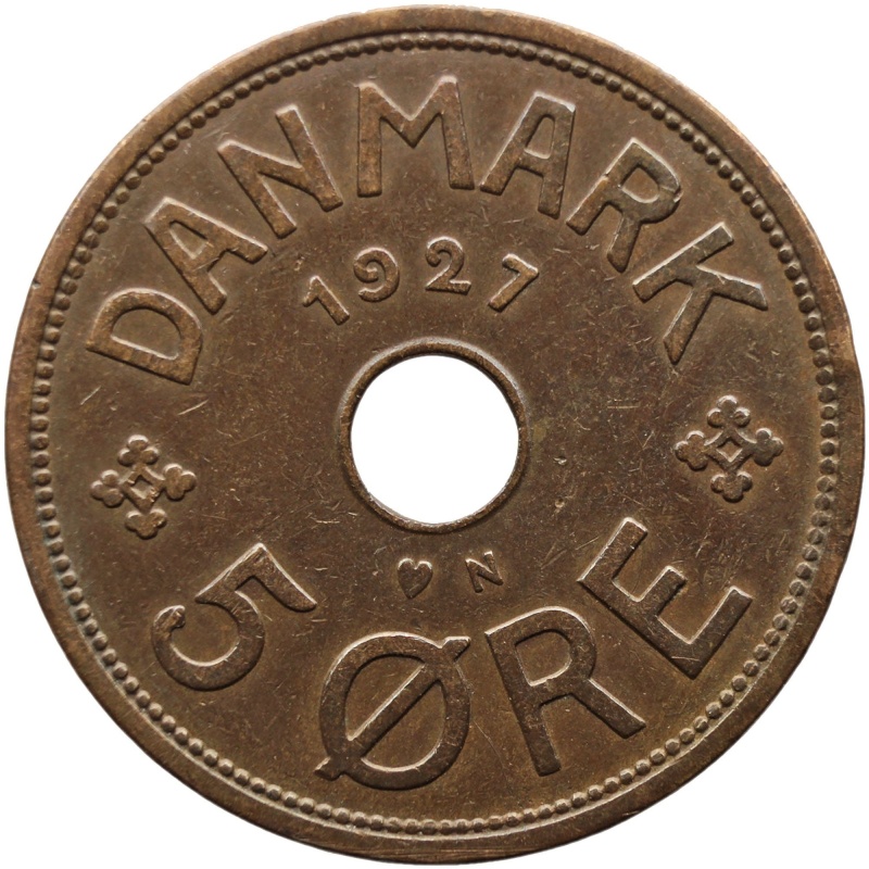 1927 NGJ 5 Ore Denmark Coin Christian X