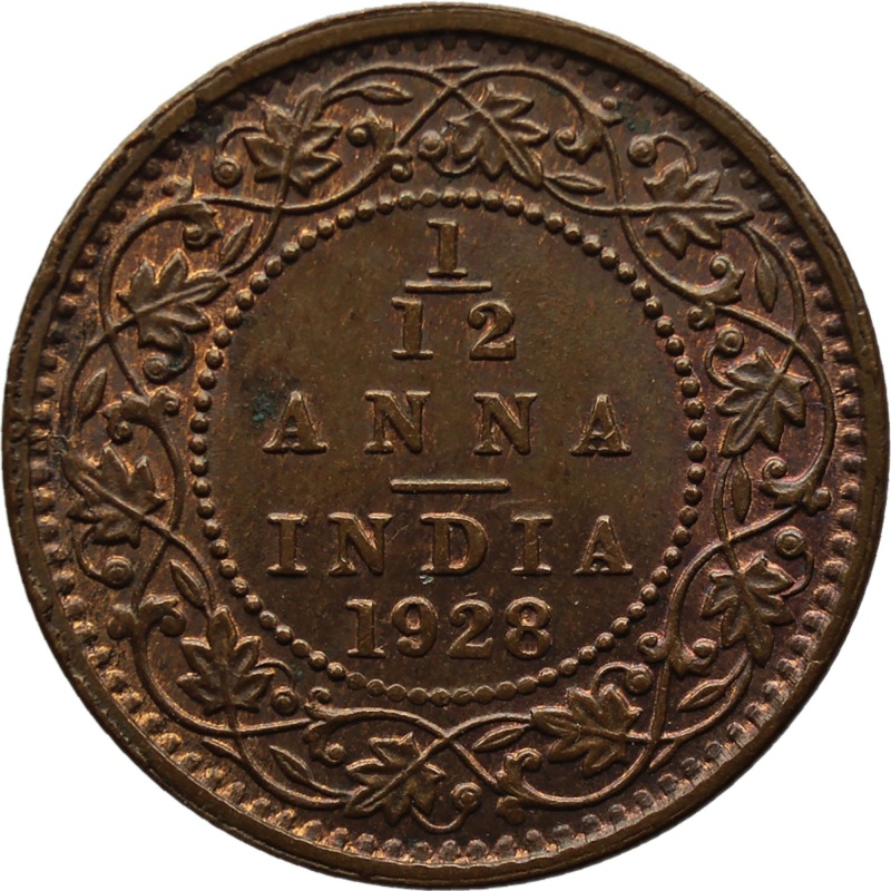 1928 1/12 Anna India British Coin George V Calcutta Mint