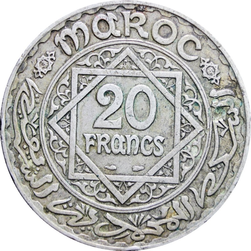 1934 20 Francs Morocco Mohamed V Silver Coin Paris Mint