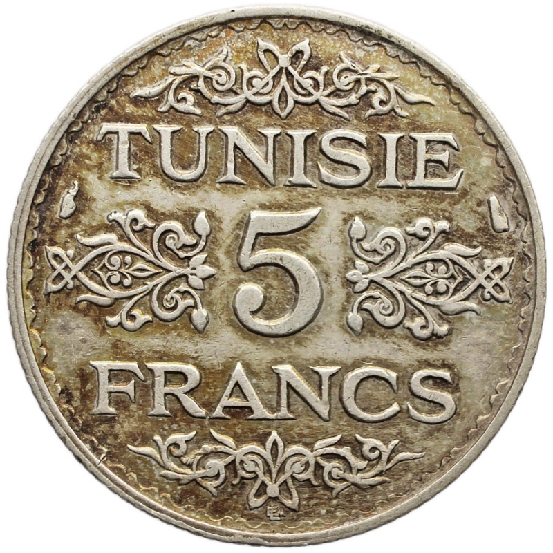 1935 (1353) 5 Francs Tunisia Coin Ahmad II of Tunis Silver