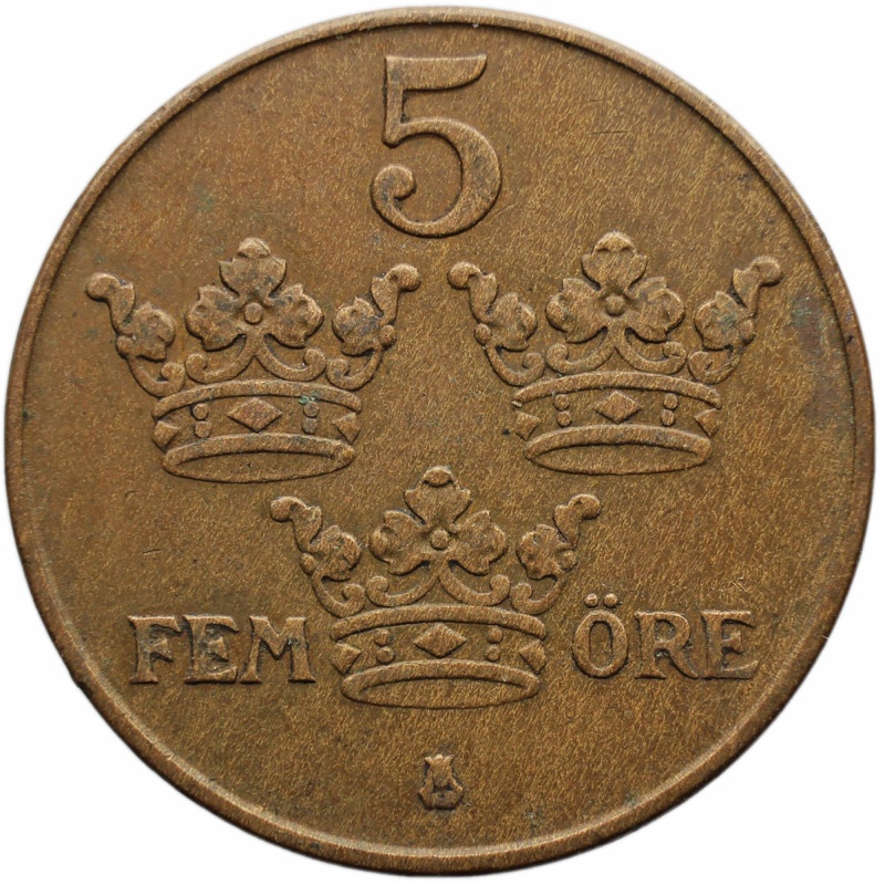 1936 5 Öre Sweden Coin Gustaf V short 6
