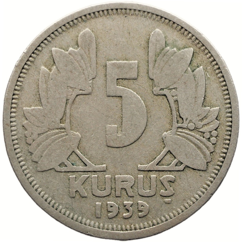 1939 5 Kurus Turkey Coin