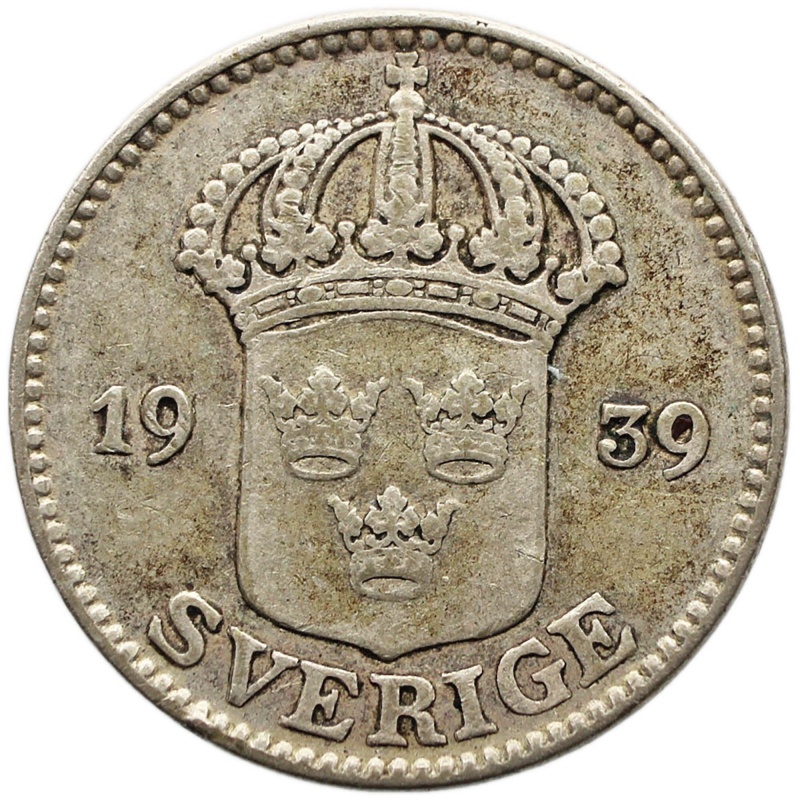 1939 G 25 Ore Sweden Coin Gustaf V Silver