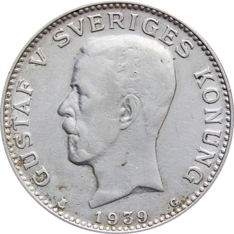1939 One Krona  Coin Gustaf V Sweden Silver