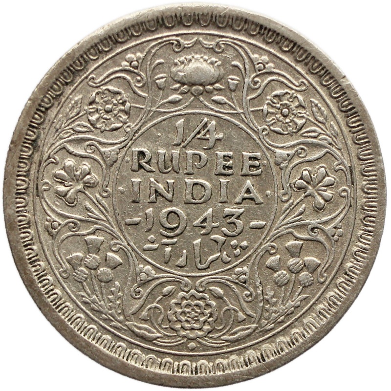 1943 Quarter Rupee British India Coin George VI Silver