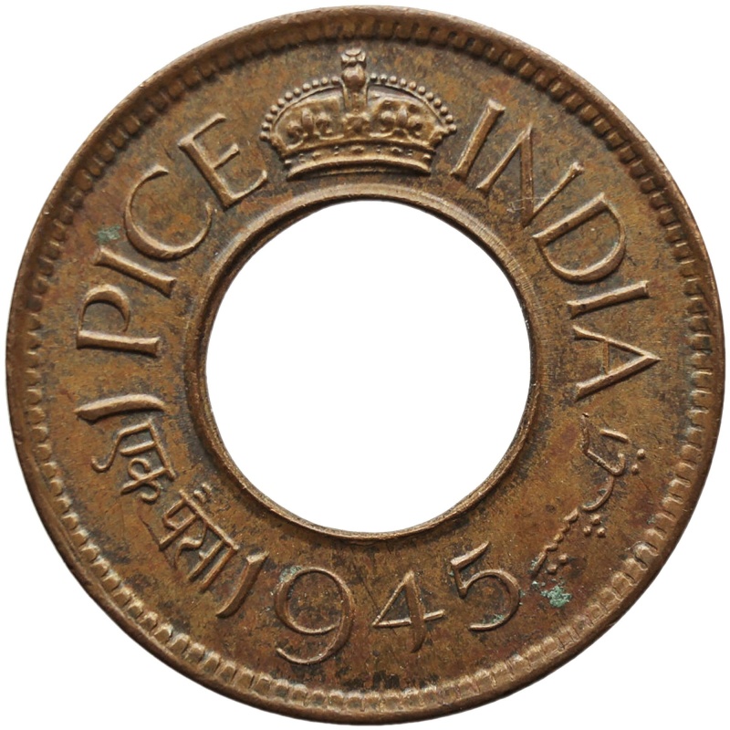 1945 1 Pice British India George VI Coin Flat crown Calcutta Mint