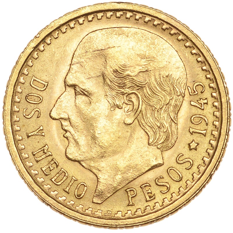 1945 2 and half Pesos Mexico Gold Coin Bust of Miguel Hidalgo y Costilla
