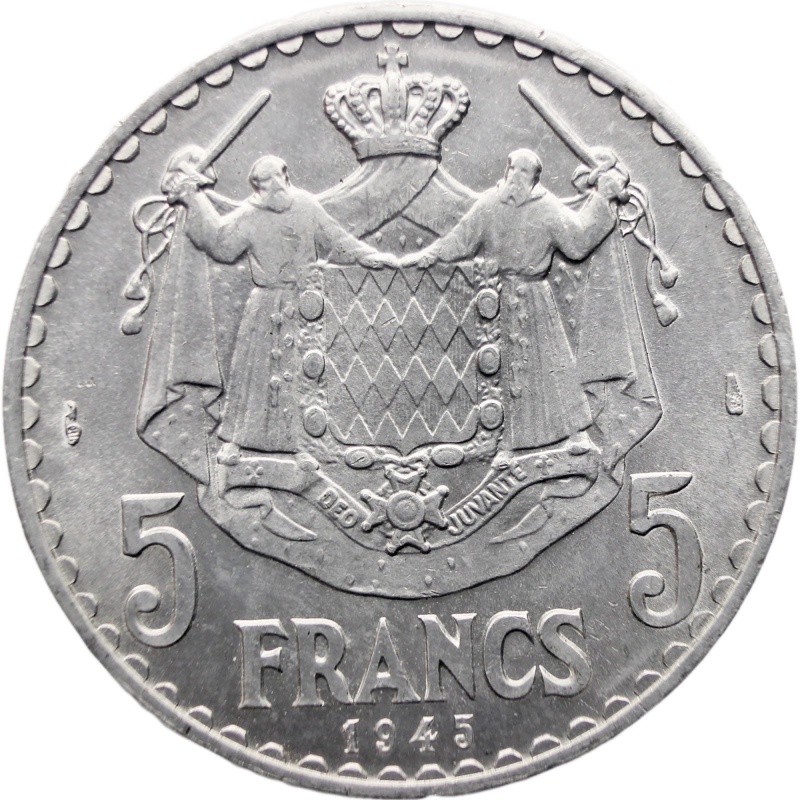 1945 5 Francs Monaco Coin Louis II
