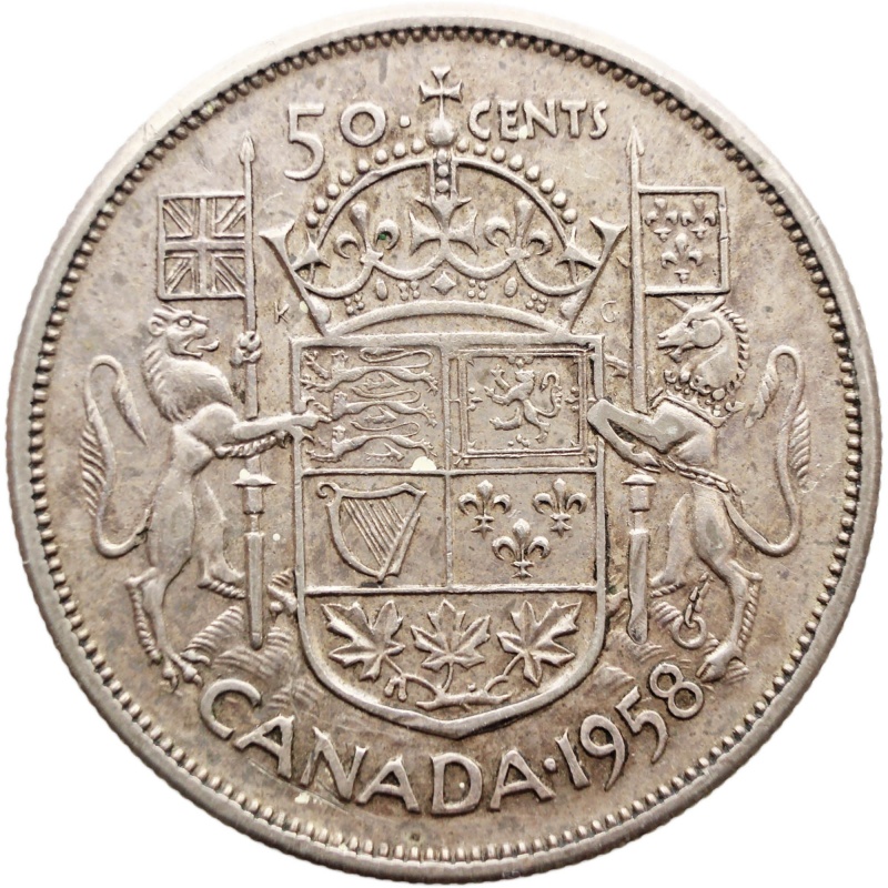 1958 50 Cents Canada Coin Elizabeth II Dot under the last A