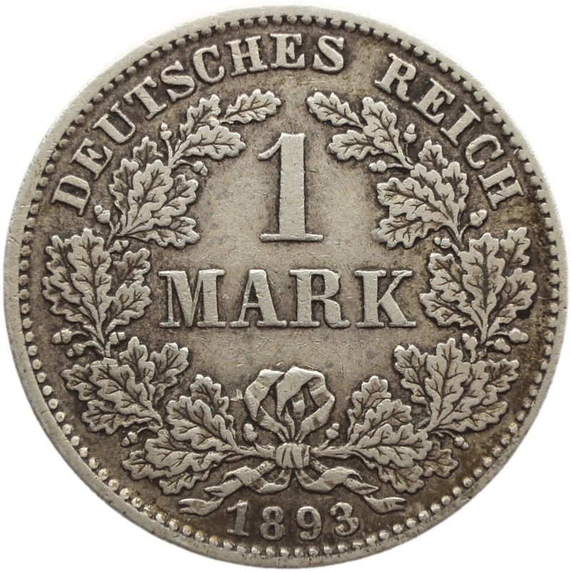 1893 D Germany One Mark Wilhelm I Coin Silver (type 2 - small shield) Munich Mint