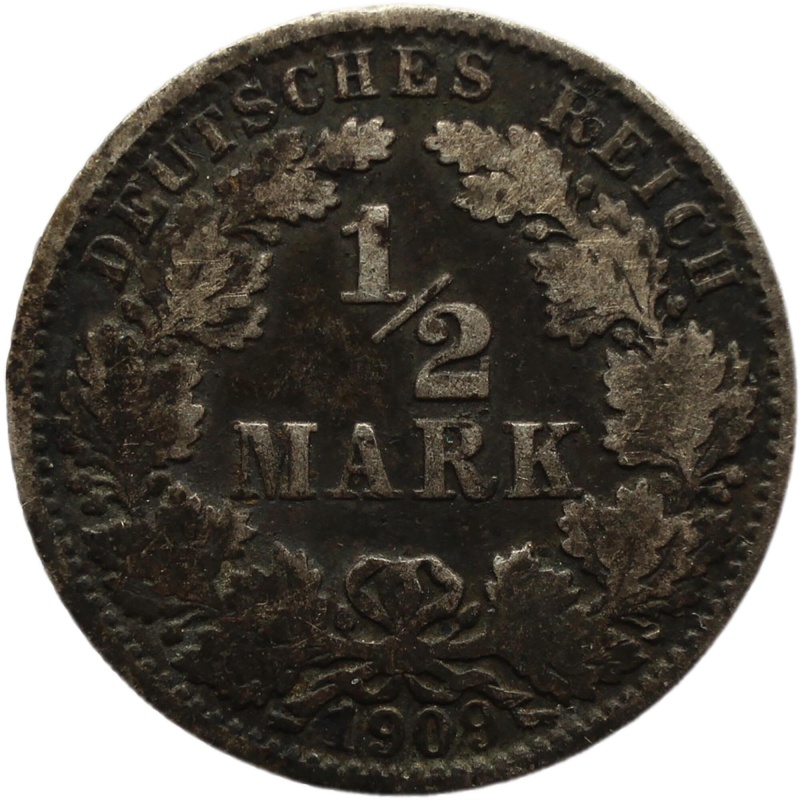 1909 J Germany Half Mark Wilhelm II Coin Silver (type 2 - small shield) Hamburg Mint