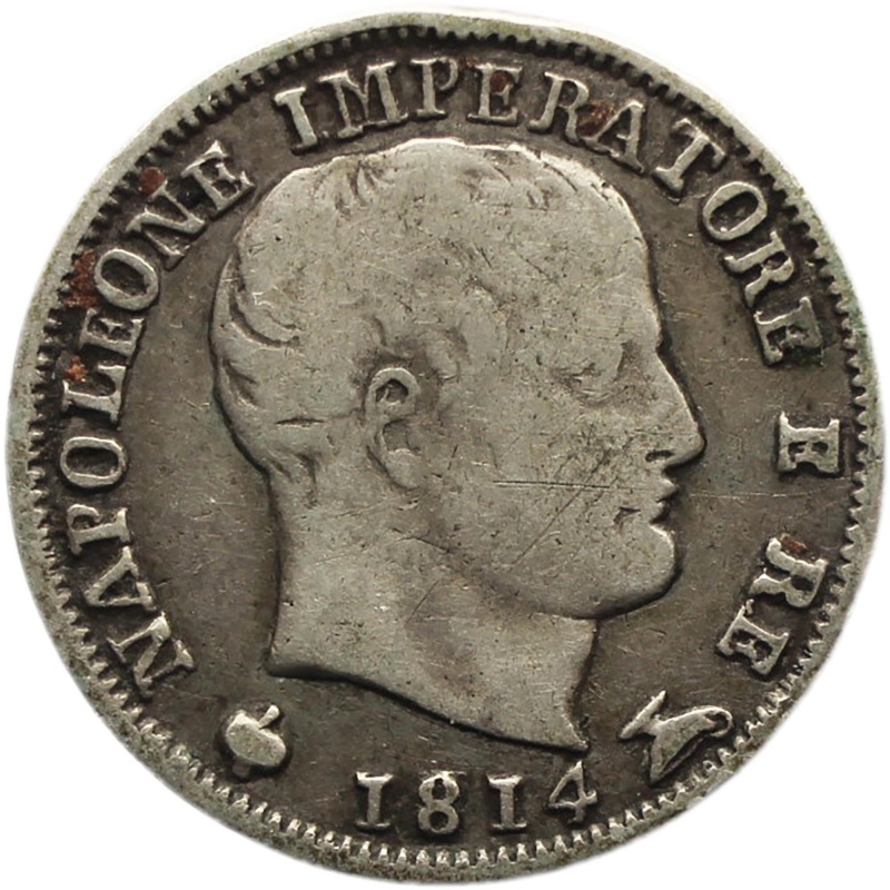 1814 5 Soldi Kingdom of Italy Napoleon I Silver Coin Edge with Stars Milan Mint