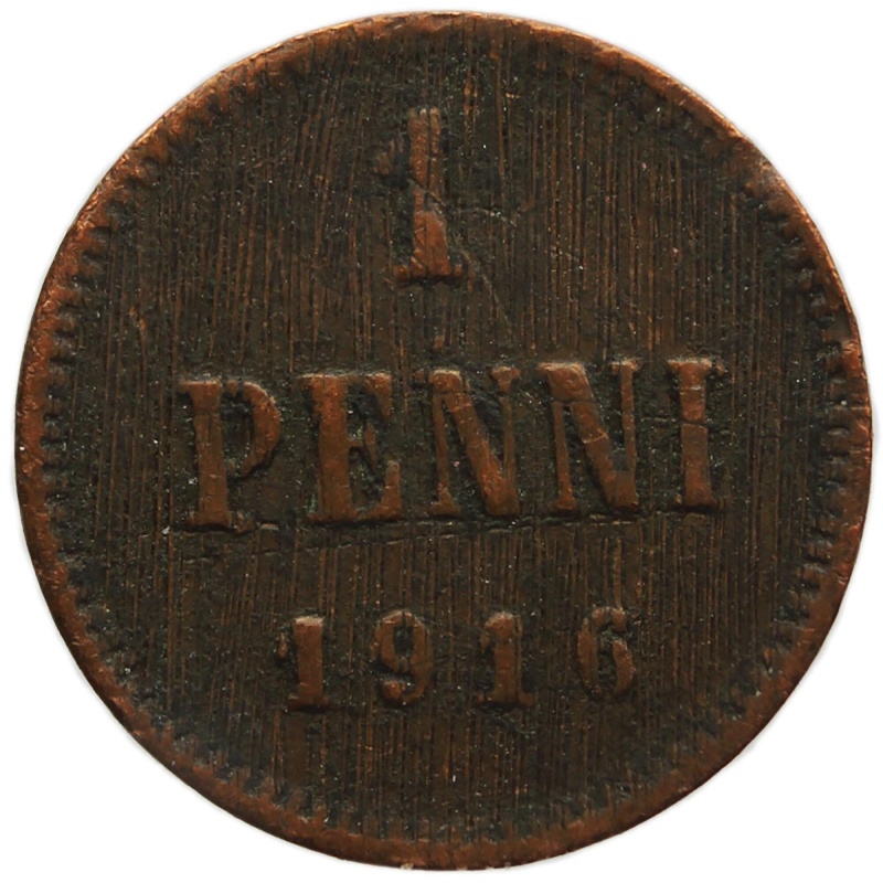 1916 1 Penni Finland Nicholas II of Russia Coin