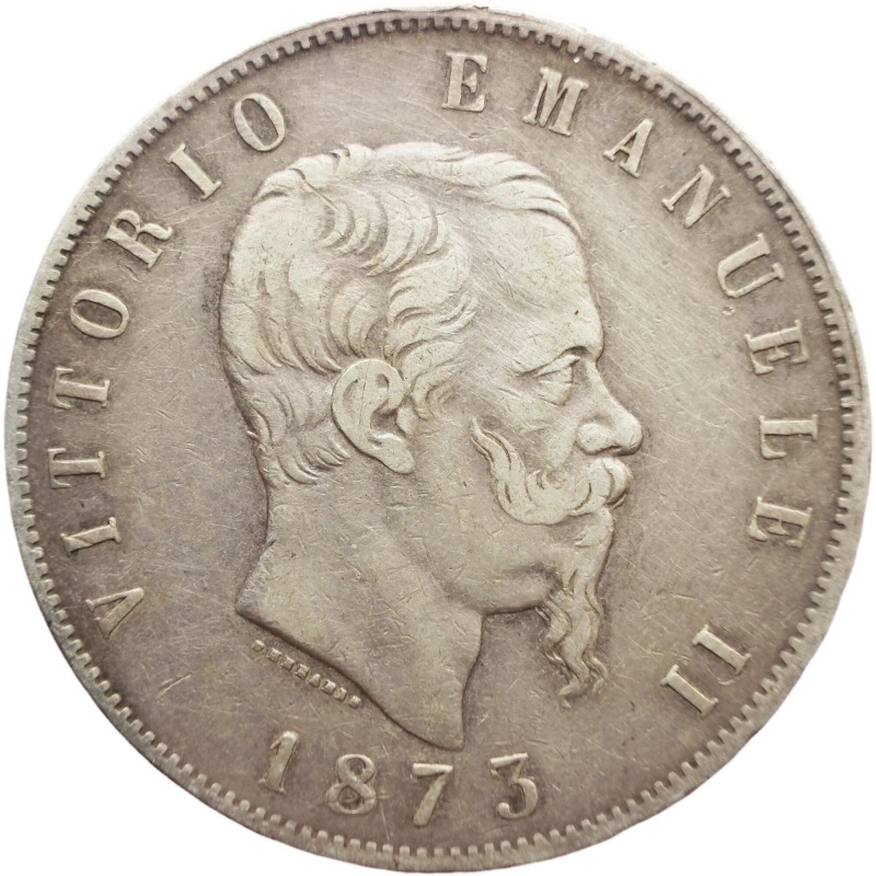 1873 5 Lira Italy Victor Emmanuel II Silver Coin Milano Mint