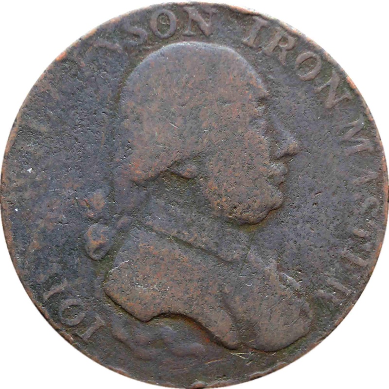 1790 Half Penny Token Warwickshire Wilkinson Man working an industrial forge