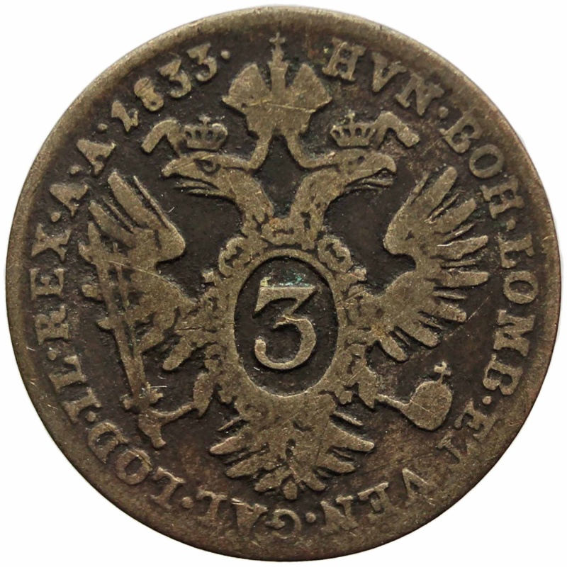 1833 A 3 Kreuzer Franz II Silver Coin Austria
