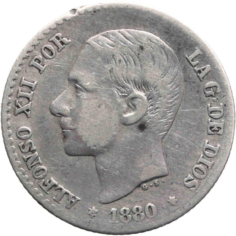 1880 Spain 50 Centimos Alfonso XII Silver Coin Madrid Mint 6-pointed Star