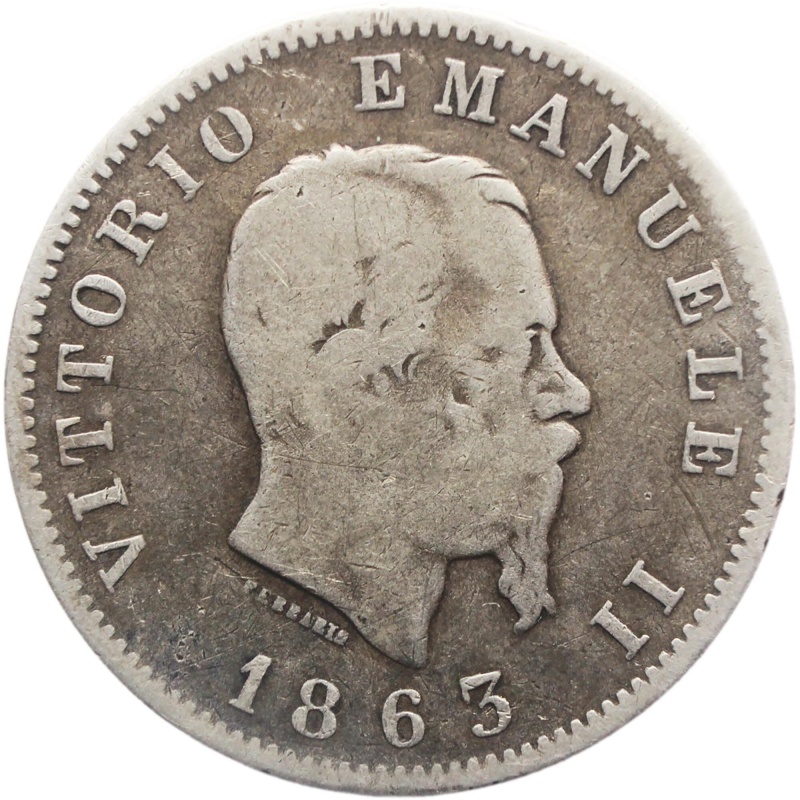 1863 One Lira Italy Vittorio Emanuele II Silver Coin Milan Mint