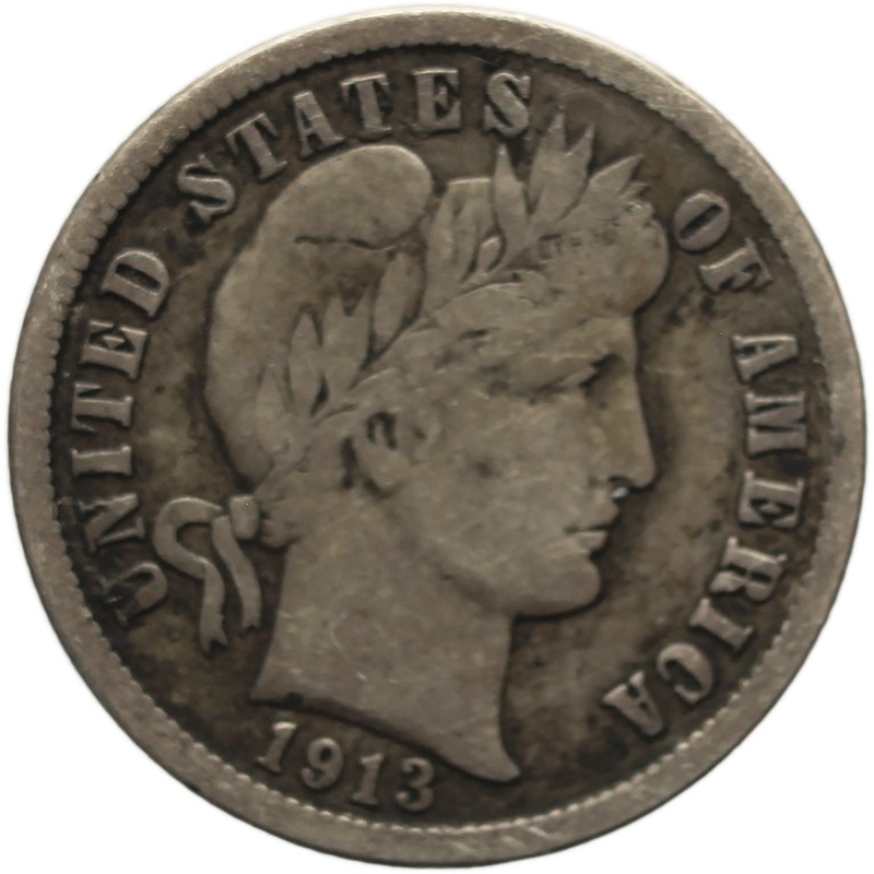 1913 One Dime United States Barber Coin Silver