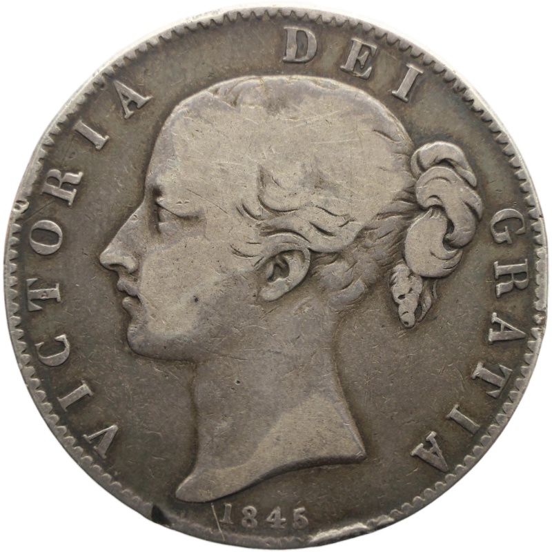 1845 Crown Victoria Queen UK Silver Coin Cinquefoil Stop