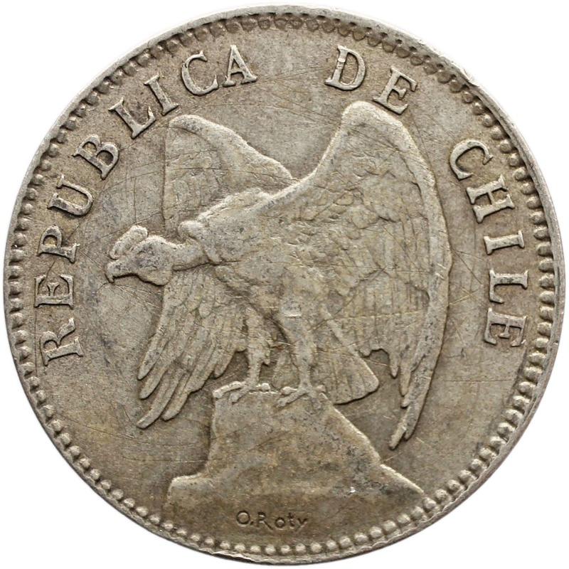 1908 Chile 20 Centavos Coin Silver Condor on rock Veinte Centavos