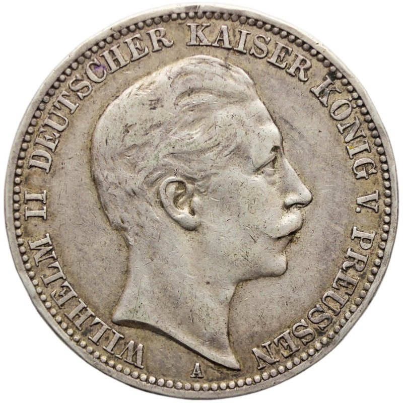 1909 A 3 Mark Prussia Germany Coin Silver Berlin Mint Wilhelm II