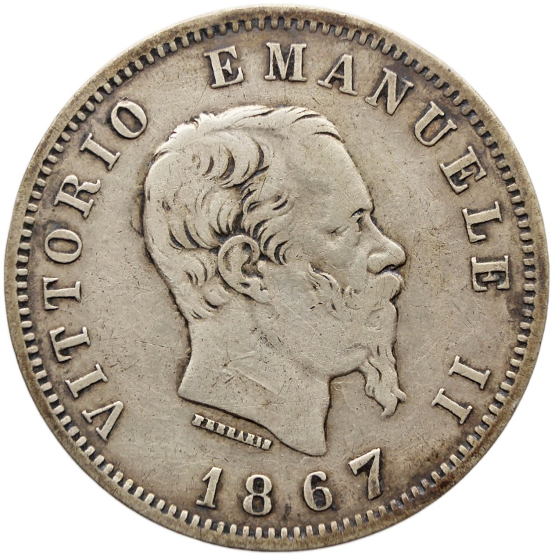 1867 Lira Italy Vittorio Emanuele II Silver Coin Milan Mint