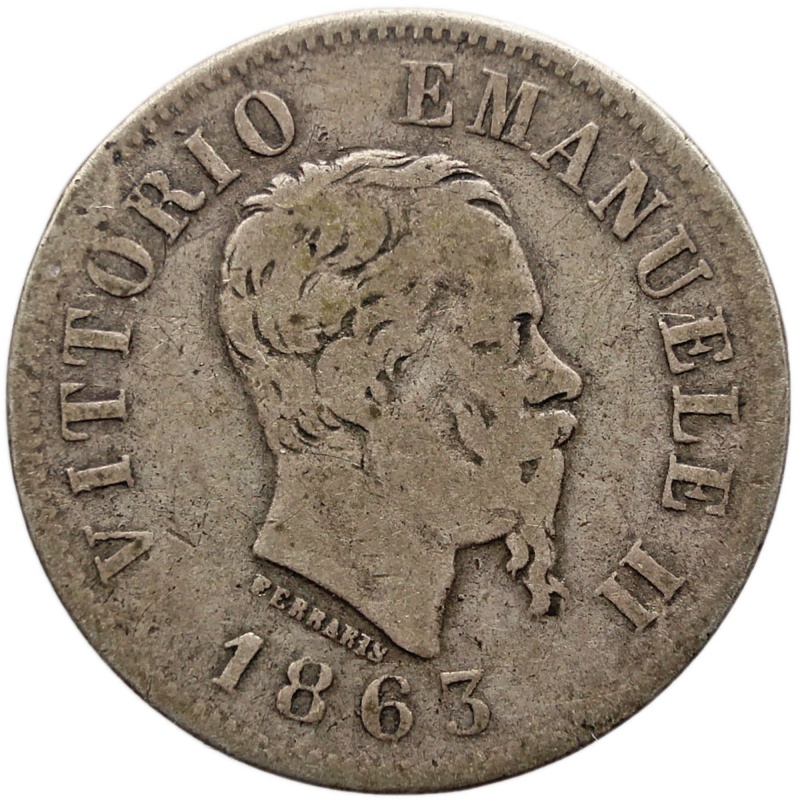 1863 50 Centesimi Italy Vittorio Emanuele II Silver Coin Turin Mint