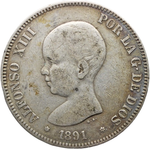 1891 PGM 5 Pesetas Spain Coin Alfonso XIII Silver 1st portrait
