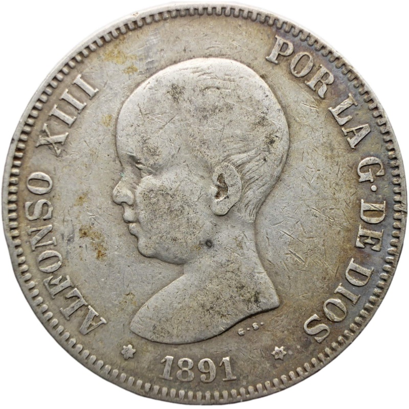 1891 PGM 5 Pesetas Spain Coin Alfonso XIII Silver 1st portrait
