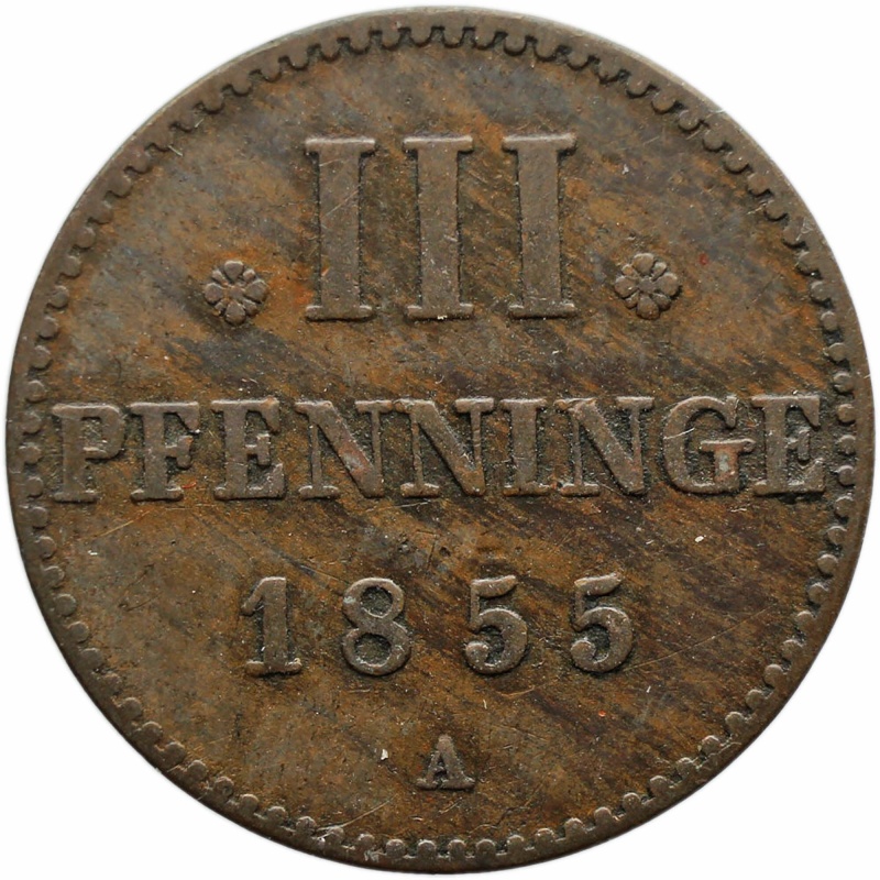 1855 A 3 Pfenninge Grand Duchy of Mecklenburg-Strelitz German Coin